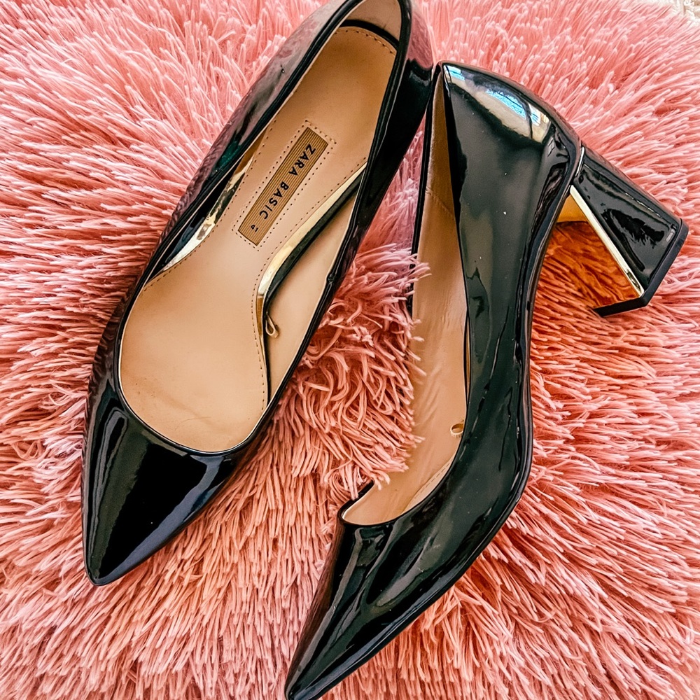 ZARA Black Patent Pumps Block Heels Pointed Toe Metal Detail
